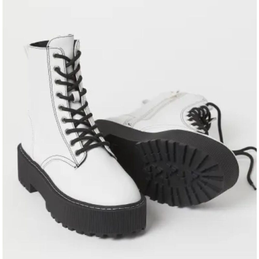 Divided NWOB white platform lace up combat boots size 39